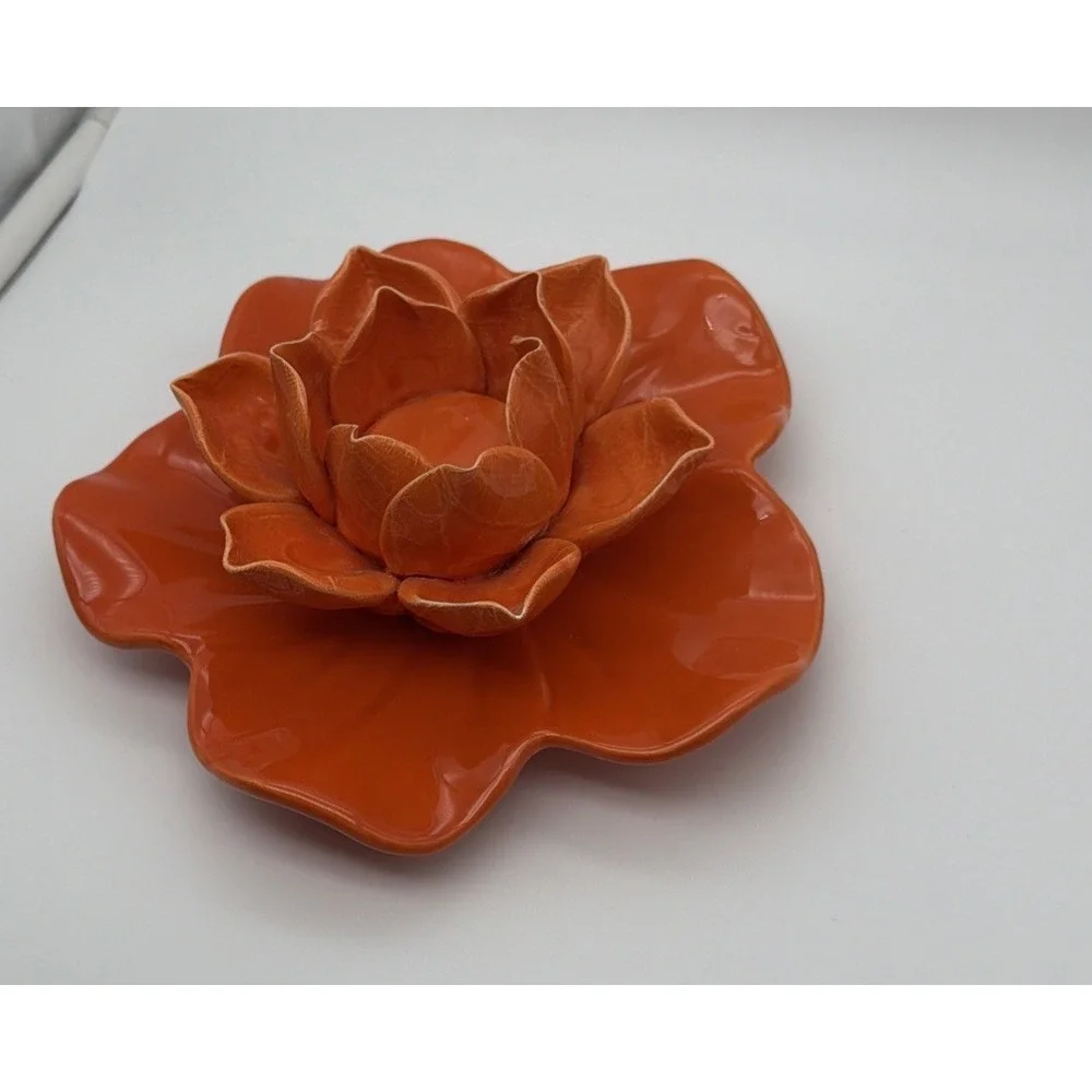 Large Ceramic Lotus Flower Candle Holder Tangerine